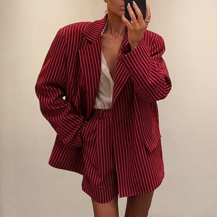 Women Fashion Stripe Red Lapel Long Sleeve Blazer And High Waist Shorts Workwear Two-Piece Set