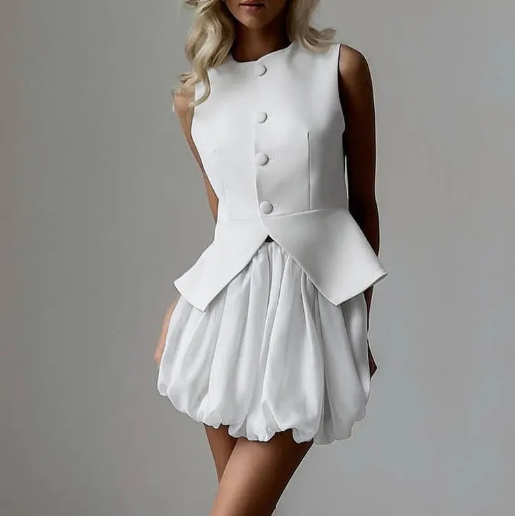 Women Fashion Solid Color Vest Top And Skirt Workwear Two-Piece Set