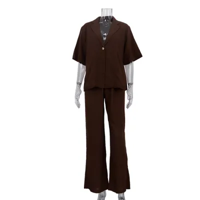 Spring And Summer Women'S Fashion Linen Lapel Short Sleeve Shirt And Loose Wide Leg Pants Workwear Two-Piece Set