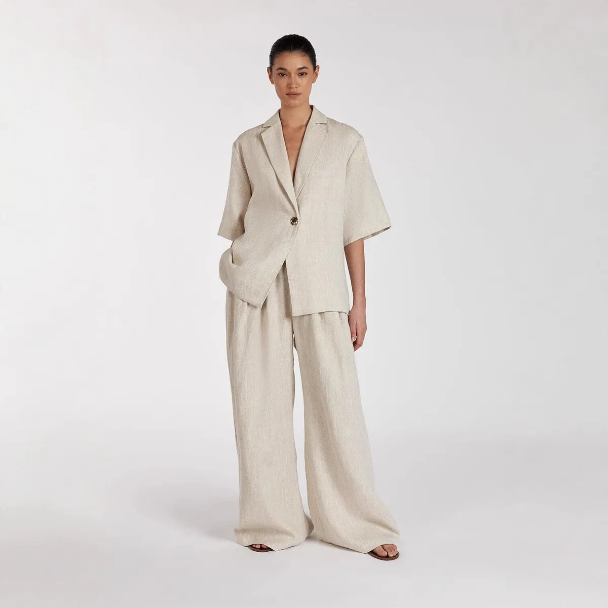 Spring And Summer Women'S Fashion Linen Lapel Short Sleeve Shirt And Loose Wide Leg Pants Workwear Two-Piece Set