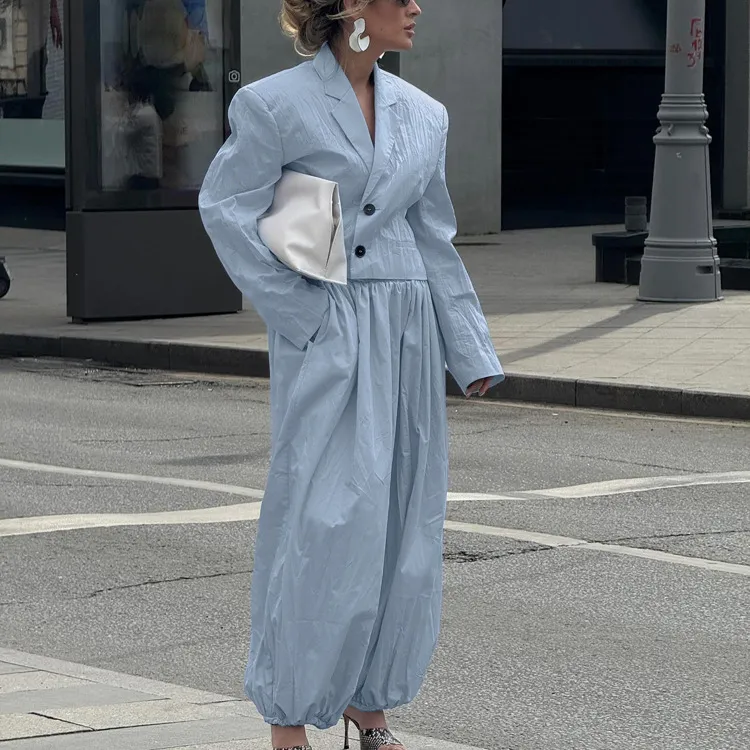 Women'S Street Fashion Solid Lar Long Sleeve Blazer And Loose Workwear Two-Piece Set
