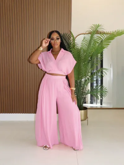Women Casual Solid Cropped Top And Wide-Leg Two-Piece Set