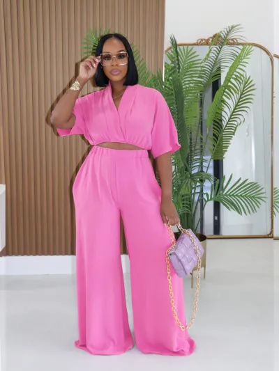 Women Casual Solid Cropped Top And Wide-Leg Two-Piece Set