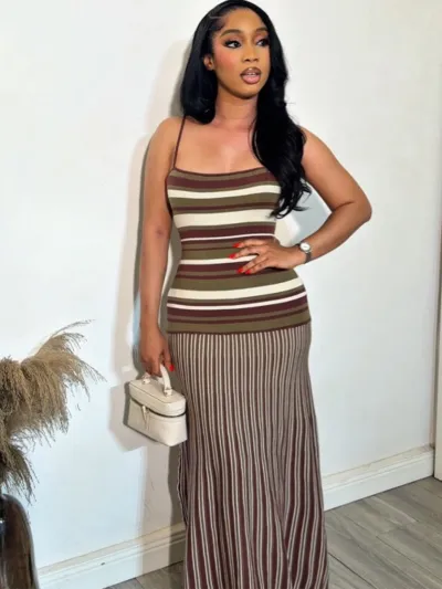 Summer Vacation Women Fashion Stripe Print Sling Maxi Bodycon Dress