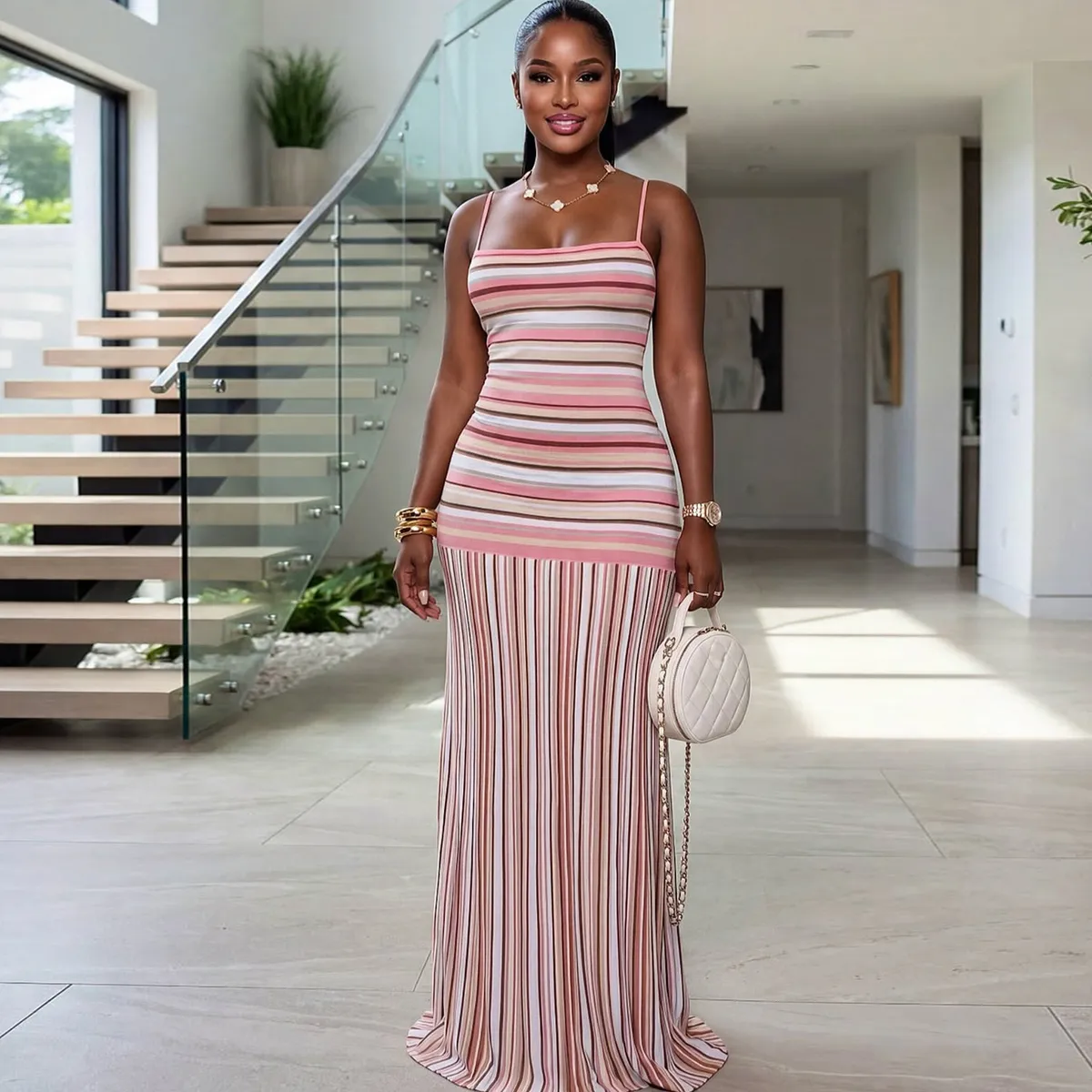 Summer Vacation Women Fashion Stripe Print Sling Maxi Bodycon Dress