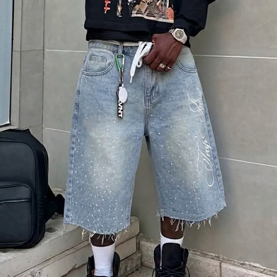 Men's Fashion Casual Retro Washed Printed Straight Denim Shorts