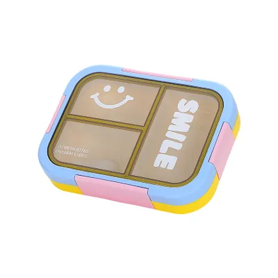 Compartmentalized Plastic Lunch Box with Three Grids, Microwave Safe, Rectangle, Solid Color