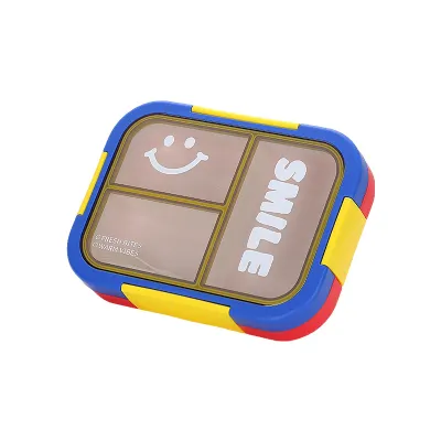 Compartmentalized Plastic Lunch Box with Three Grids, Microwave Safe, Rectangle, Solid Color