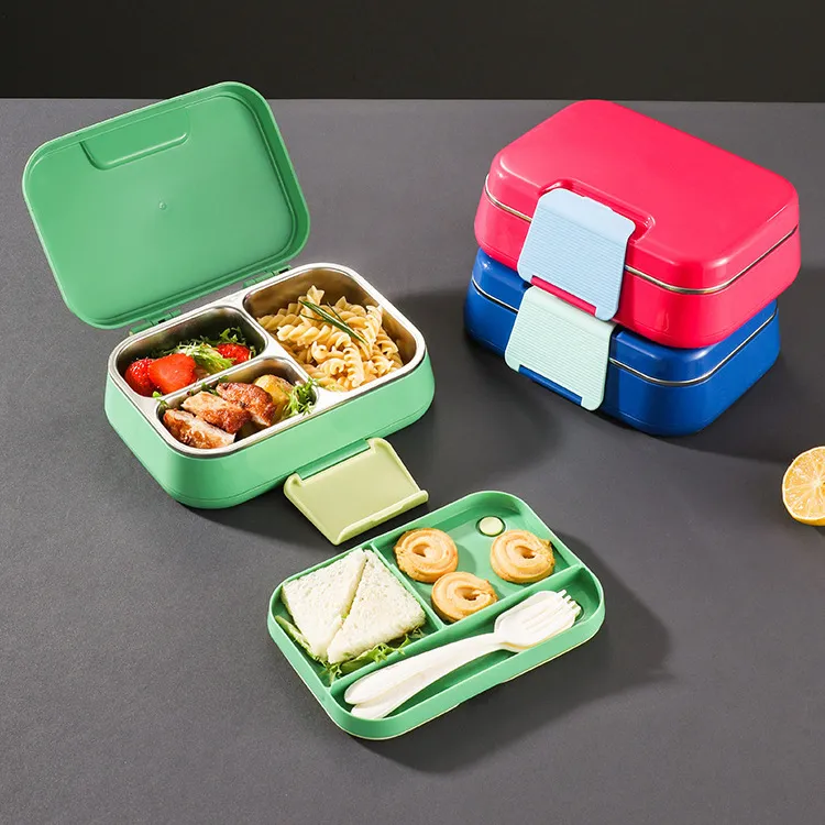 304 Stainless Steel Insulated Lunch Box with 3 Compartments, Nordic Style Square Meal Prep Container for Adults, Home Kitchen Solid Color