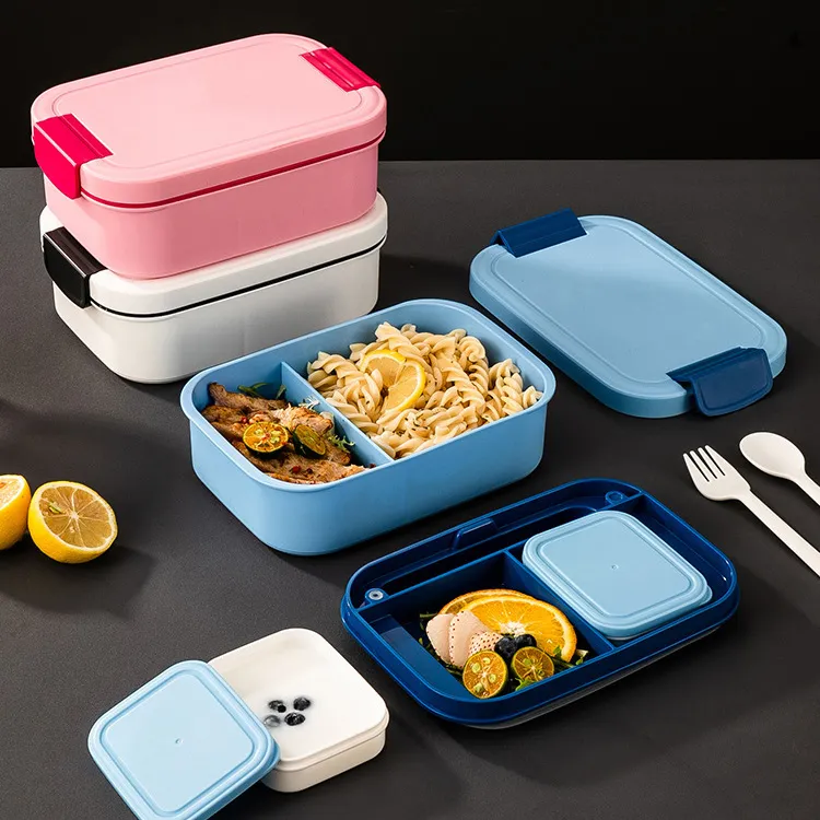 Office Worker Household Student Fresh-Keeping Lunch Box Microwave Safe Solid Color Double Layer Rectangular