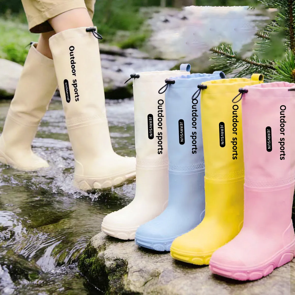 Kids Boys Girls Outdoor Non-Slip Waterproof PVC Mid-Calf Rain Boots Solid Color Thickened