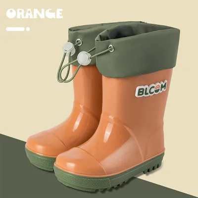 Kids Boys and Girls Elastomy Waterproof PVC Rain Boots Mid-Calf Thickened