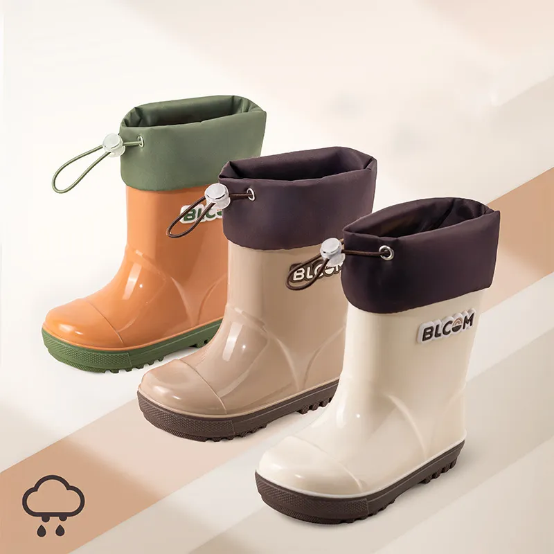 Kids Boys and Girls Elastomy Waterproof PVC Rain Boots Mid-Calf Thickened