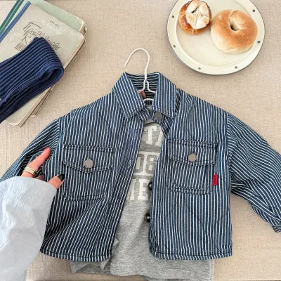 Kids Spring Cotton-Padded Denim Jacket Unisex Boys Girls Thickened Single-Breasted