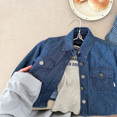 Kids Spring Cotton-Padded Denim Jacket Unisex Boys Girls Thickened Single-Breasted