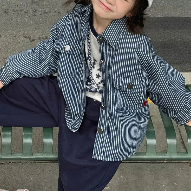 Kids Spring Cotton-Padded Denim Jacket Unisex Boys Girls Thickened Single-Breasted