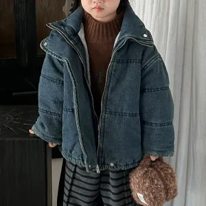 Kids Boys and Girls Casual Winter Thickened Cotton-Padded Denim Jacket