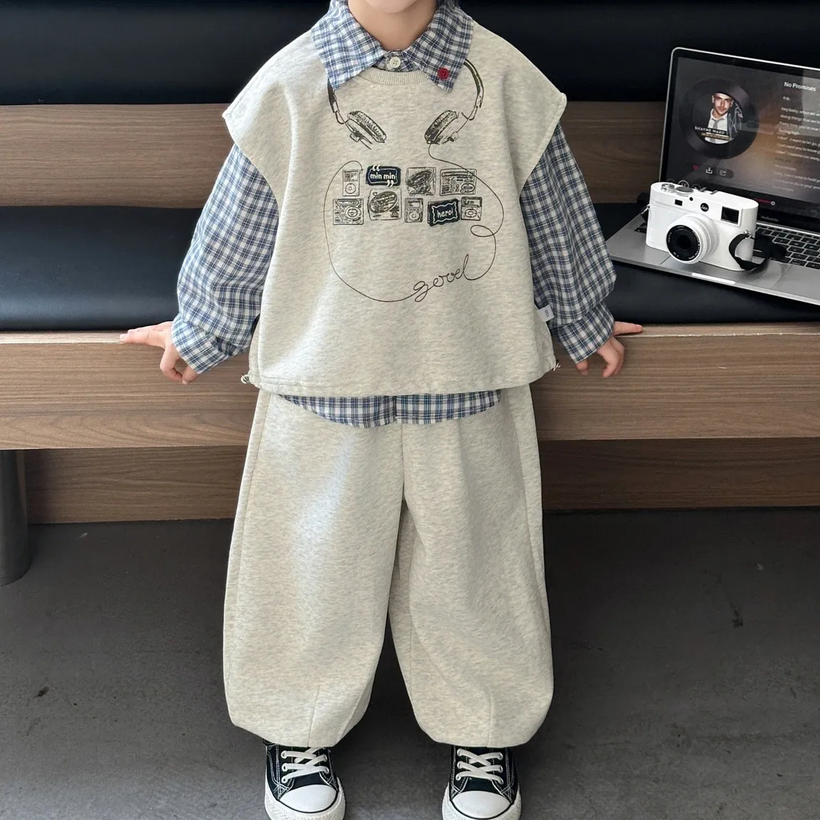Kids Boys Printed Plaid Shirt And Loose Pants Three-Piece Set Spring Autumn Sleeveless Top Long Sleeve Shirt