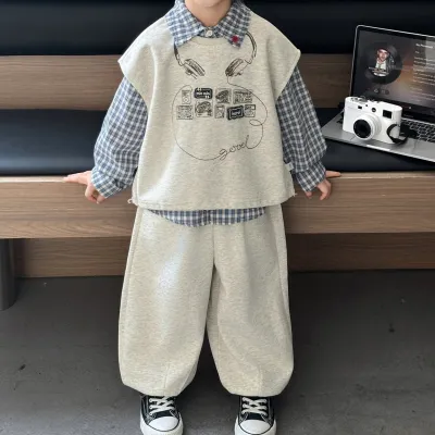Kids Boys Printed Plaid Shirt And Loose Pants Three-Piece Set Spring Autumn Sleeveless Top Long Sleeve Shirt