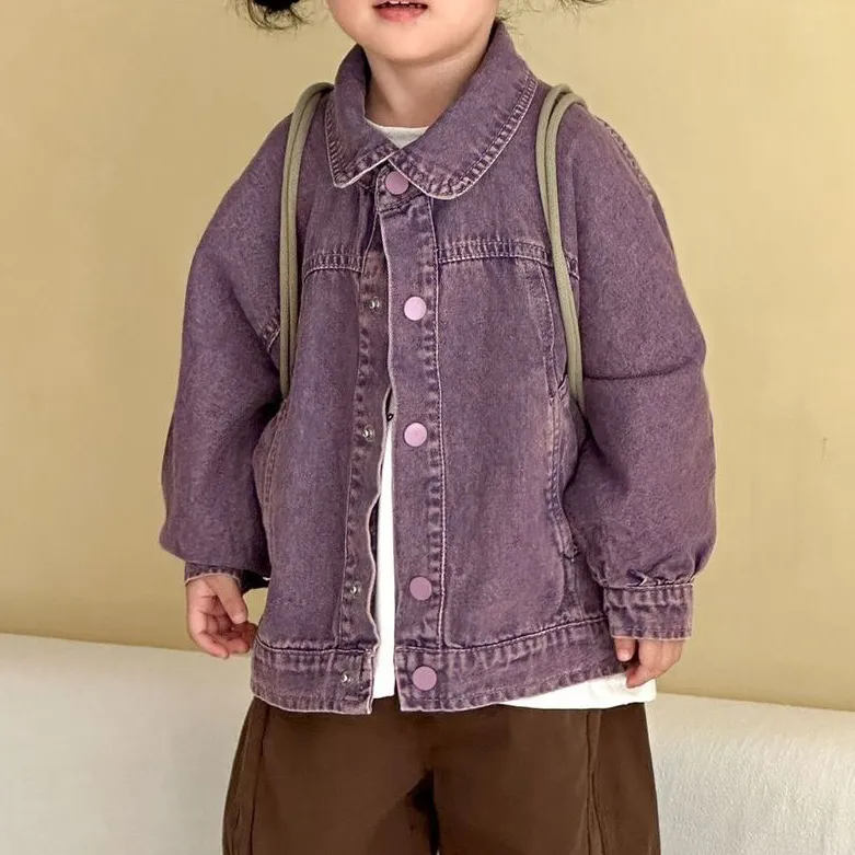 Kids Boys Girls Fashion Casual Spring Denim Jacket Long Sleeve Solid Color Single-Breasted Cotton