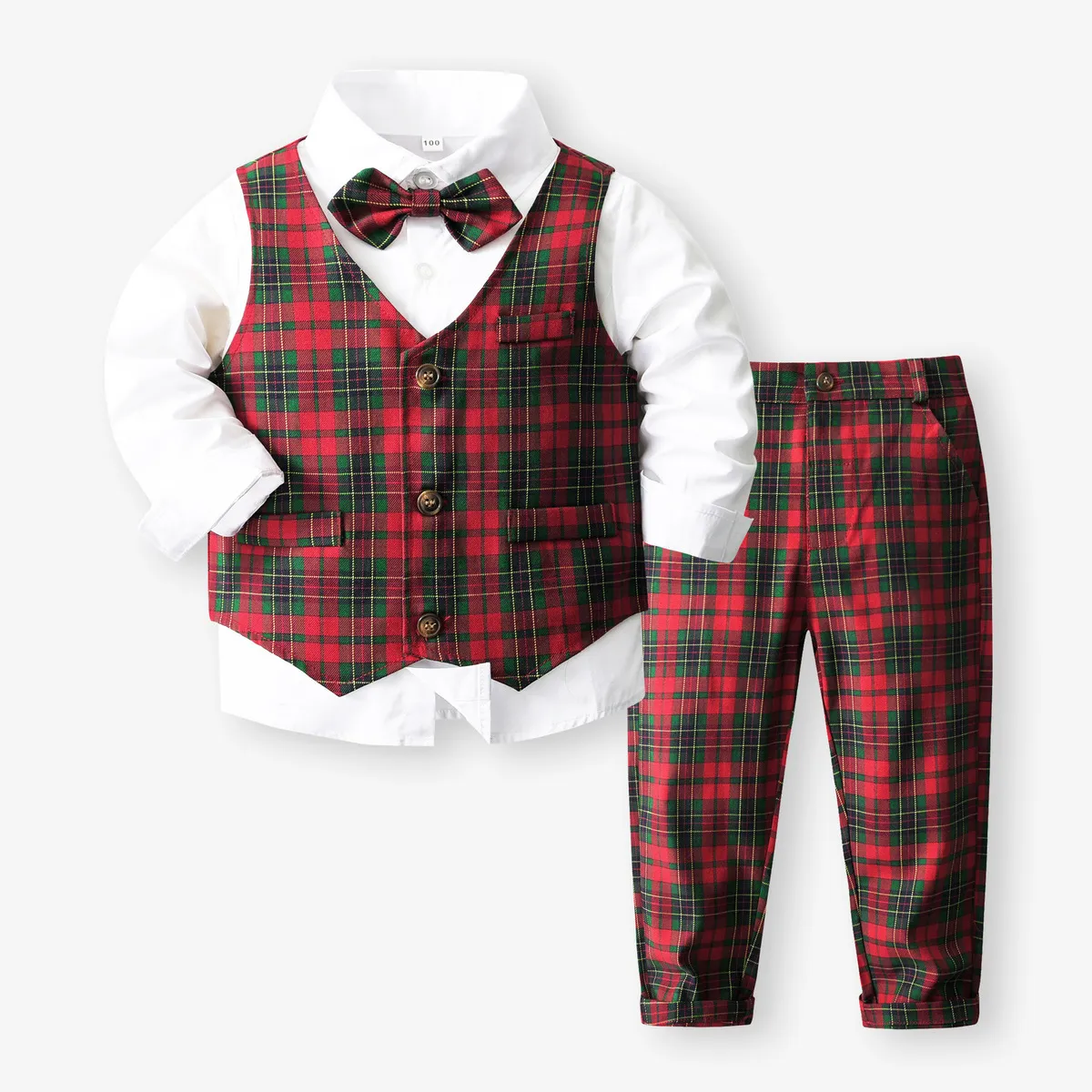 Kids Baby Boys Casual British Style Party Plaid Vest Long-Sleeve Lapel Shirt Pants Three-Piece Set