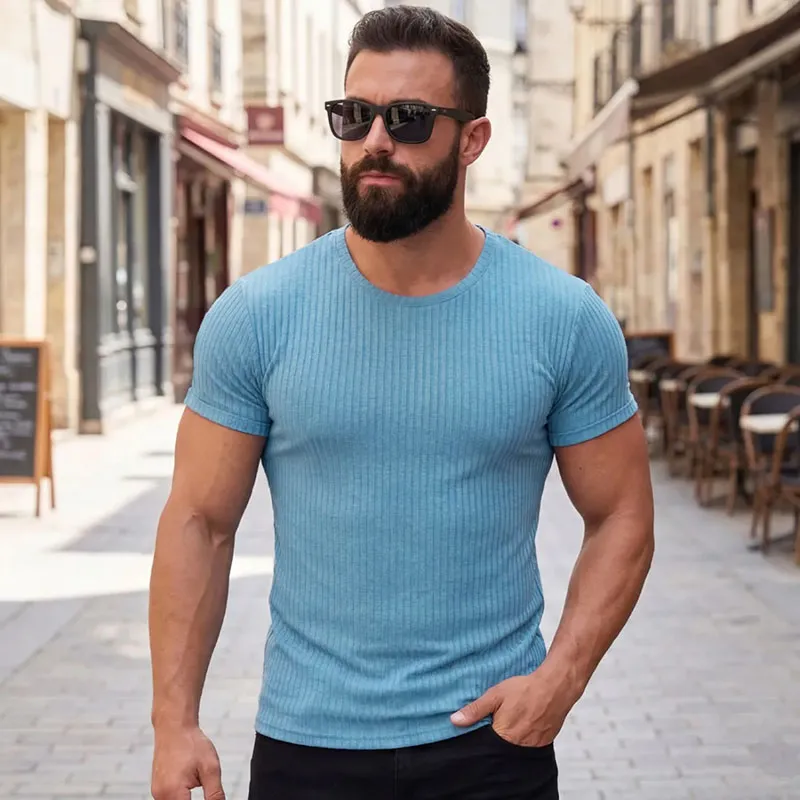 Men's Casual Summer Solid Color Short Sleeve Round Neck T-Shirt with Elastic