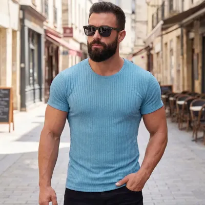 MenS Fashion Casual Summer Elastic Vertical Round Neck Short Sleeve T-Shirt