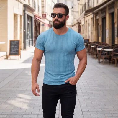 Men's Casual Summer Solid Color Short Sleeve Round Neck T-Shirt with Elastic
