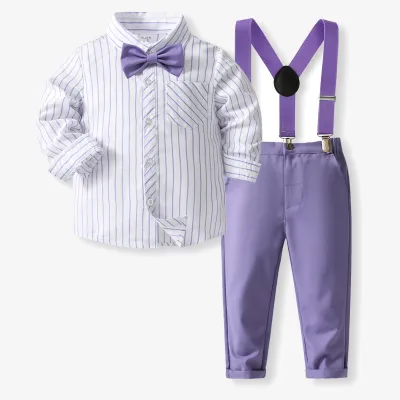 Kids Baby Boys British Style Stripe Long Sleeve Lapel Shirt Overalls Two Piece Set Party Casual