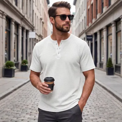MenS Fashion Casual Summer Solid Color Button Short-Sleeve T-Shirt