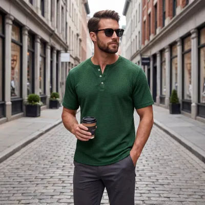Men's Fashion Casual Summer Solid Color Button Front Short Sleeve T-Shirt