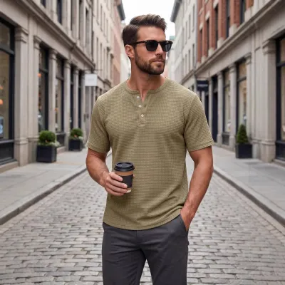 Men's Fashion Casual Summer Solid Color Button Front Short Sleeve T-Shirt