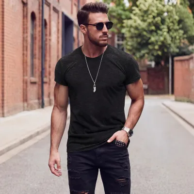 Men's Fashion Casual Summer Solid Color Cotton Linen Breathable Round Neck Short Sleeve T-Shirt