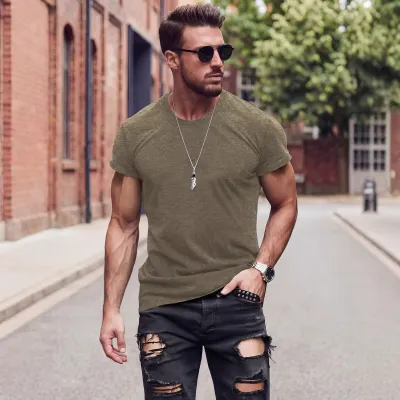 Men's Fashion Casual Summer Solid Color Cotton Linen Breathable Round Neck Short Sleeve T-Shirt
