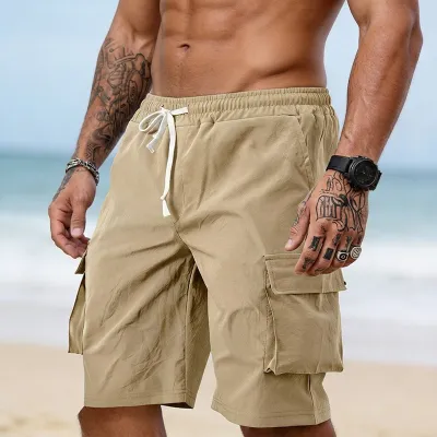 Men Fashion Casual Summer Solid Color Multi-Pocket Shorts