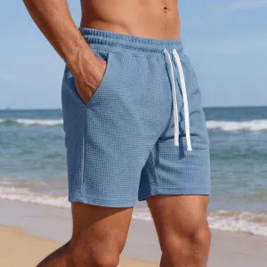 Men's Fashion Casual Summer Solid Color Waffle Drawstring Pocket Shorts
