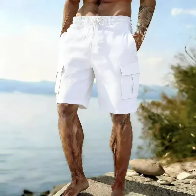 Men Casual Summer Cotton Linen Drawstring Elastic Loose Shorts