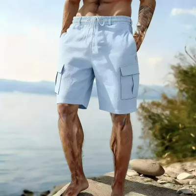 Men Casual Summer Cotton Linen Drawstring Elastic Loose Shorts