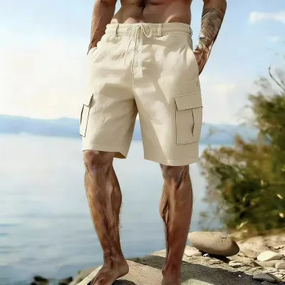 Men Casual Summer Cotton Linen Drawstring Elastic Loose Shorts