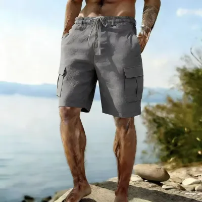 Men Casual Summer Cotton Linen Drawstring Elastic Loose Shorts