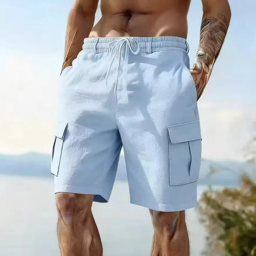 Men Casual Summer Cotton Linen Drawstring Elastic Loose Shorts
