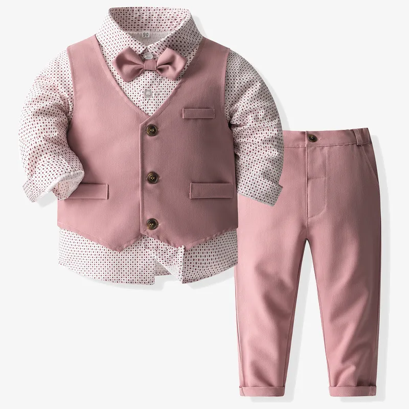 Kids Boys Casual British Style Party Vest Long Sleeve Lapel Shirt Pants Three Piece Sets Cotton
