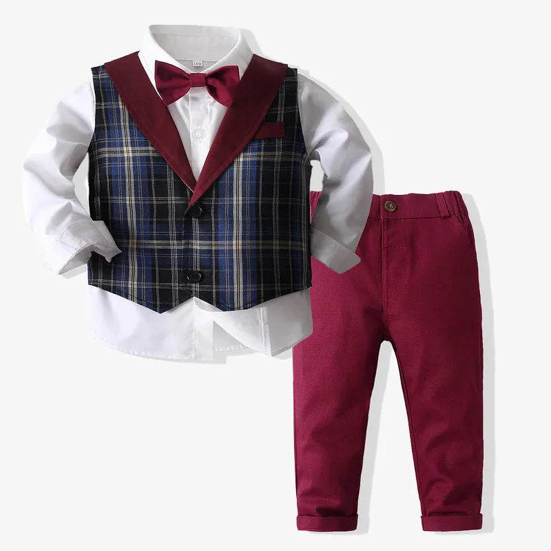 Kids Boys Casual British Style Party Plaid Vest Long Sleeve Lapel Shirt Pants Three-Piece Sets