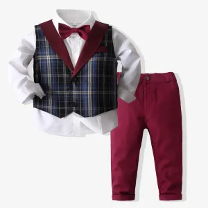 Kids Boys Casual British Style Party Plaid Vest Long Sleeve Lapel Shirt Pants Three-Piece Sets