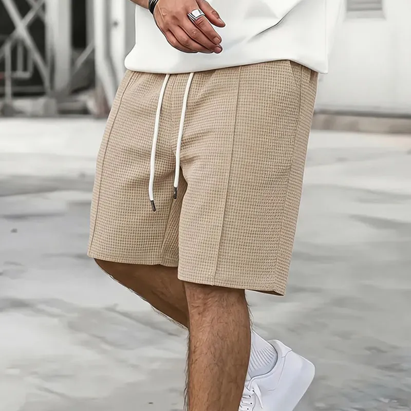 Men's Casual Summer Drawstring Shorts Solid Color Loose Straight-Leg