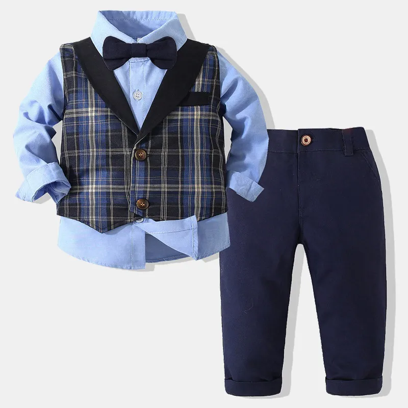 Kids Boys Casual British Style Party Plaid Vest Long-Sleeve Lapel Shirt Pants Four-Piece Set