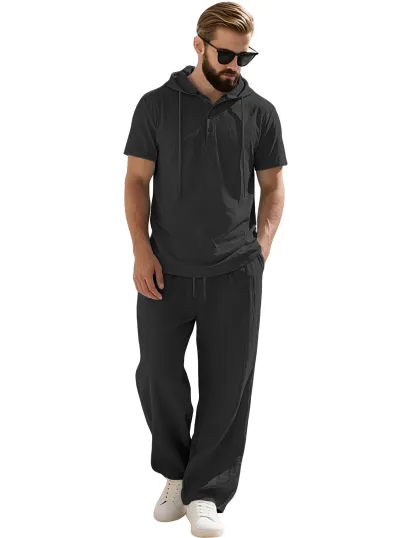 Men's Fashion Casual Summer Solid Color Hooded Two-Piece Set Short Sleeve Loose Pants