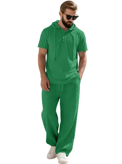 Men's Fashion Casual Summer Solid Color Hooded Two-Piece Set Short Sleeve Loose Pants