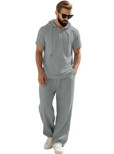 Men's Fashion Casual Summer Solid Color Hooded Two-Piece Set Short Sleeve Loose Pants