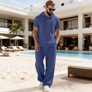 Men's Fashion Casual Summer Solid Color Hooded Two-Piece Set Short Sleeve Loose Pants